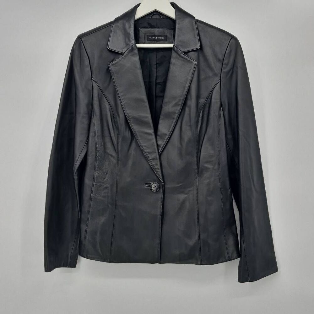 Valerie Stevens Black Leather Jacket Blazer Size L